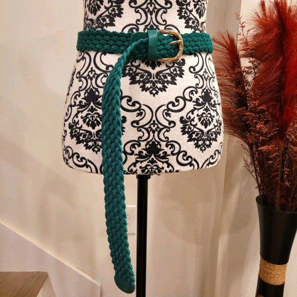 Green, braided leather belt